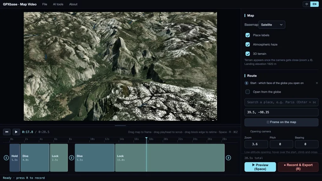 GPXbase map-video editor with a Yosemite terrain preview, editable timeline and camera settings.